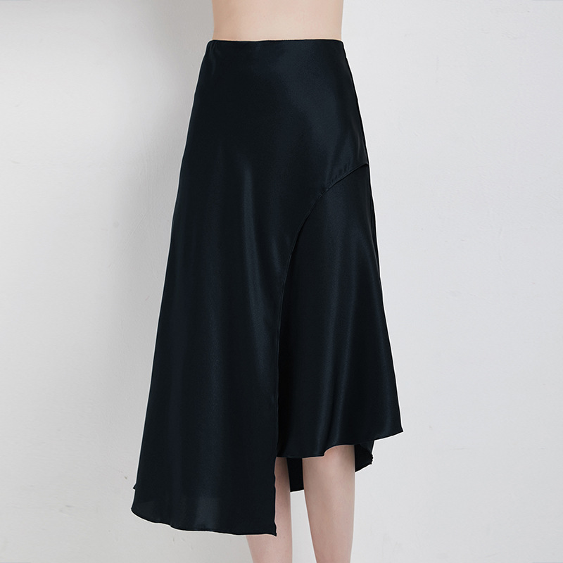 Black Silk Skirt High Waist Long Irregular A-Line Skirt