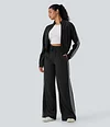 2026🔥 Halara Ribbed SoCinched High Waisted Tummy Control Drawstring Wide Leg Color Block Casual Trousers with Pockets