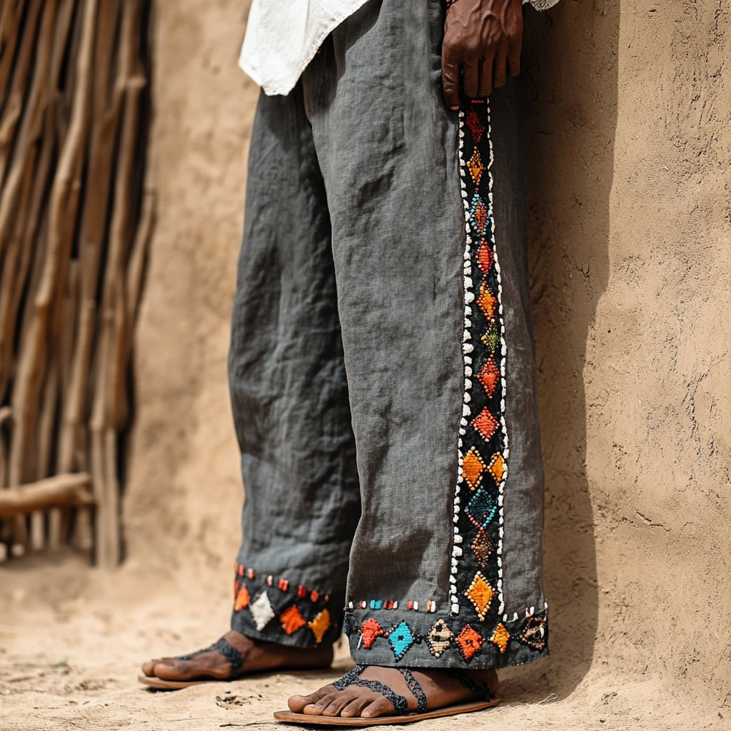 Men's African Ethnic Art Linen Casual Wide Leg Pants