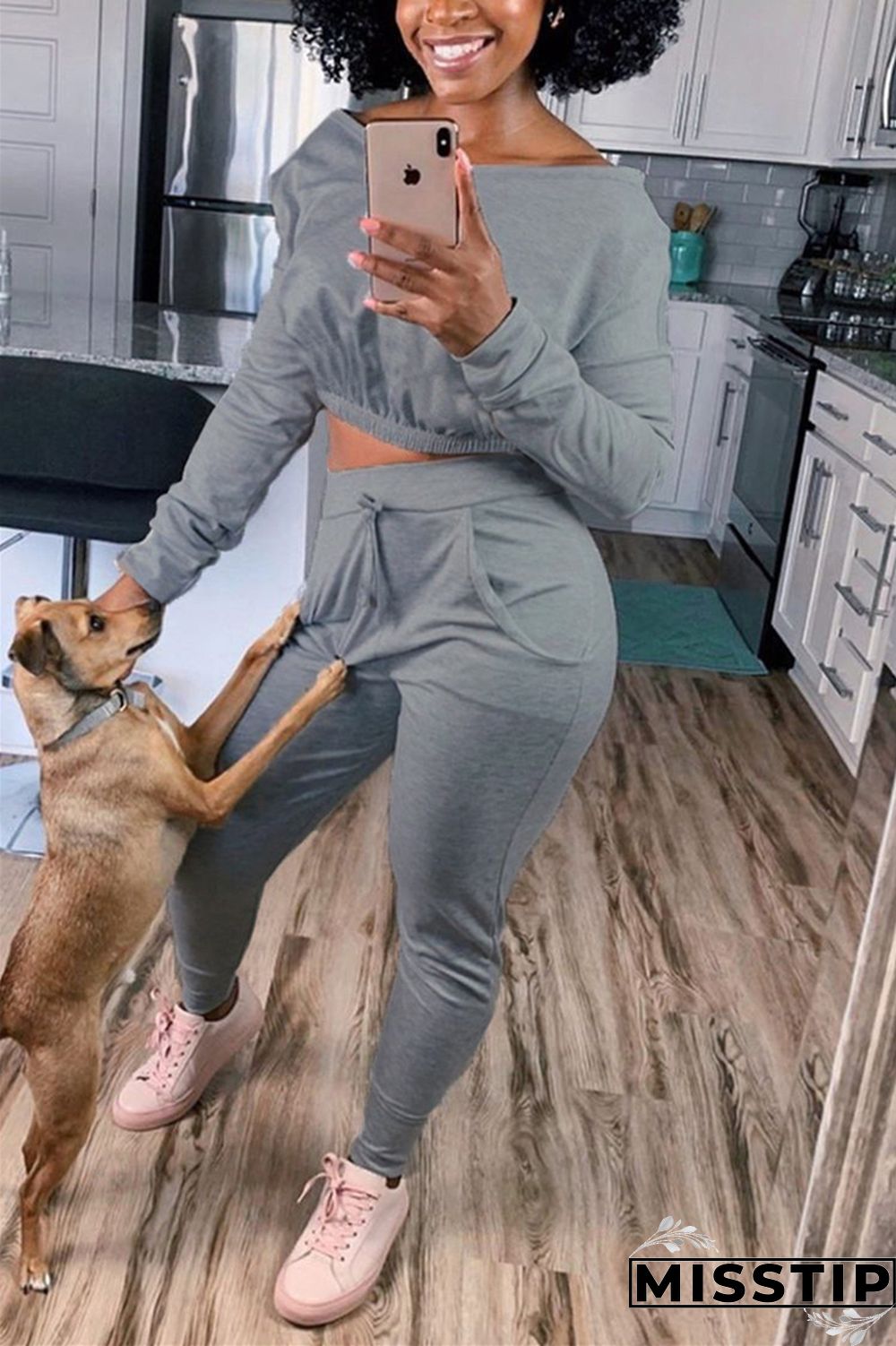 Dark Gray Casual Street Sportswear Living Blends Patchwork Solid Patchwork Pocket Pullovers Pants V Neck Long Sleeve Regular Sleeve Short Two Pieces