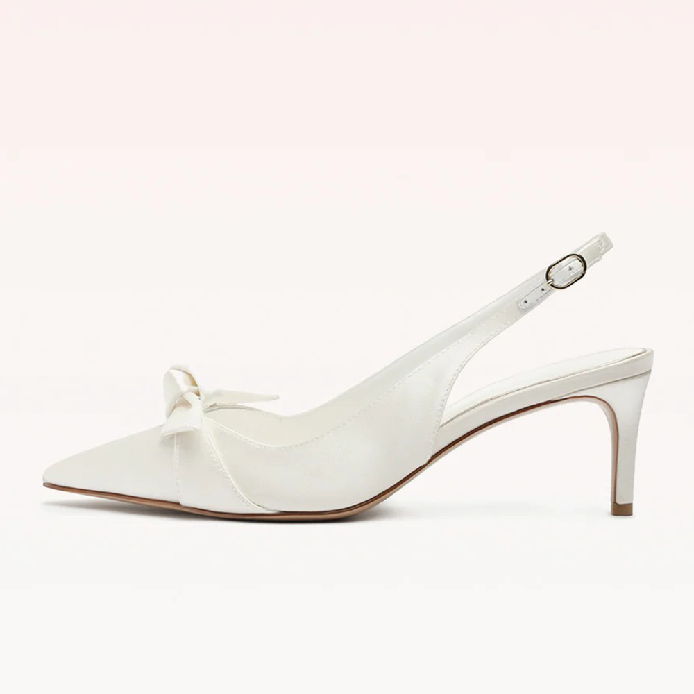 Ivory Pointed Toe Stiletto Heel Bridal Slingback Pumps with Bow Nicepairs