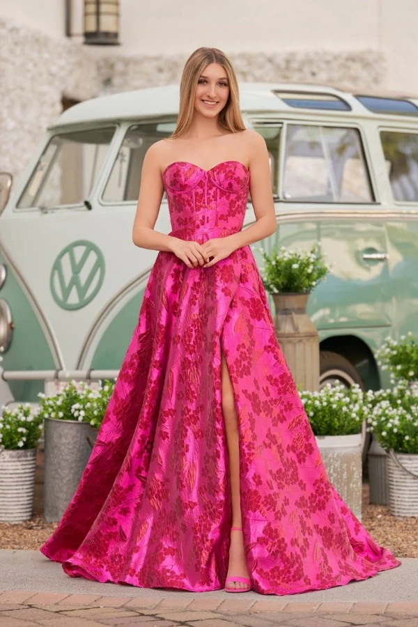 Ovlias Pink Strapless Sweetheart A-Line Prom Dress Floor Length Pleated with Split JQ0090