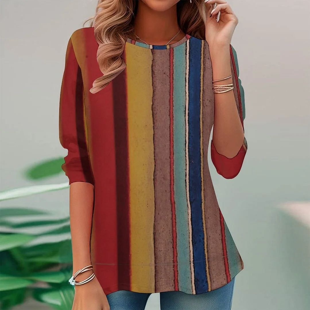 Vintage Printed Long Sleeve Plus Size Tunic for  Women and Men Unisex Pattern Striped,Blue,Red,Brown