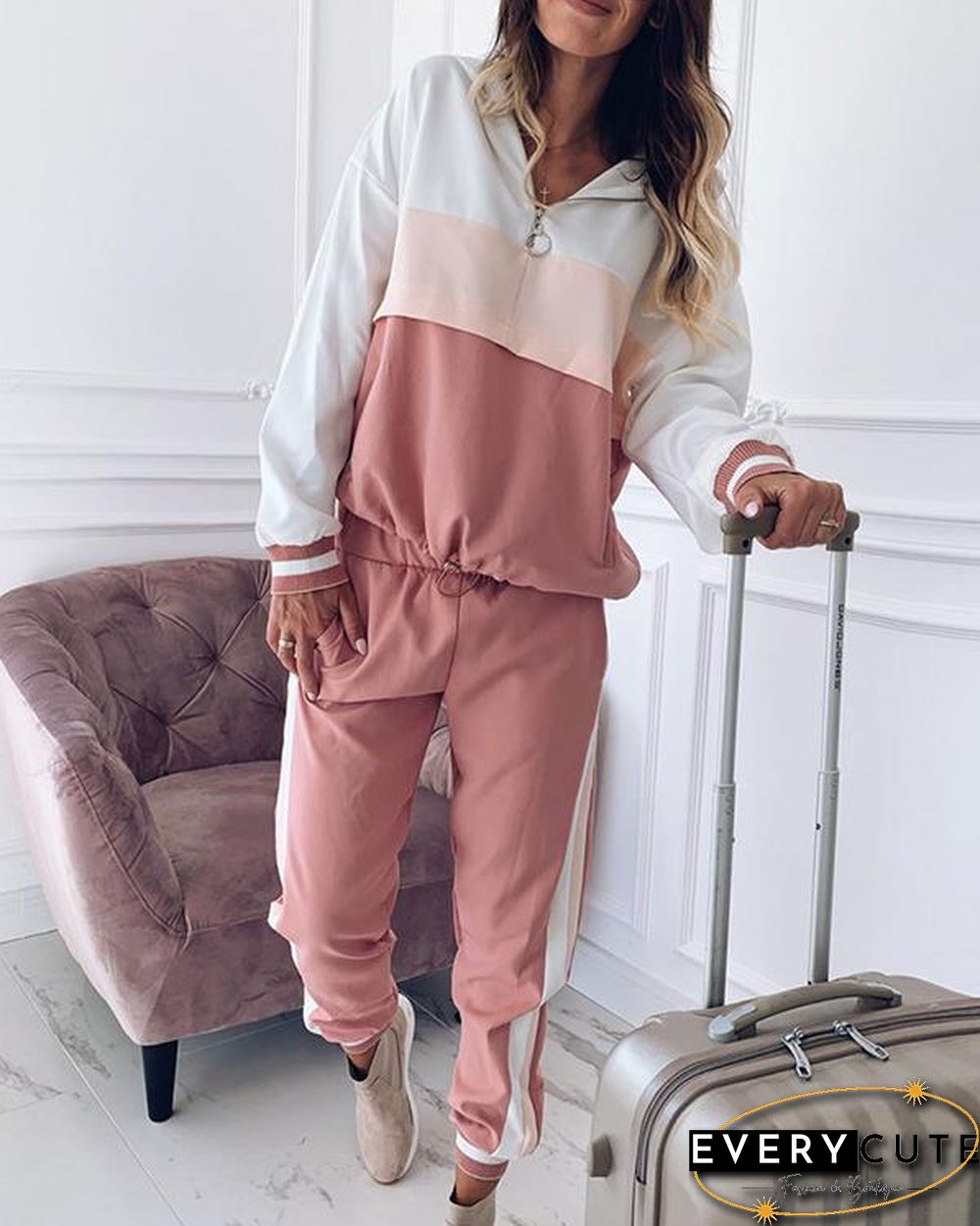 Casual Color Block Zipper Hoodie Sweatshirt&Pants Set