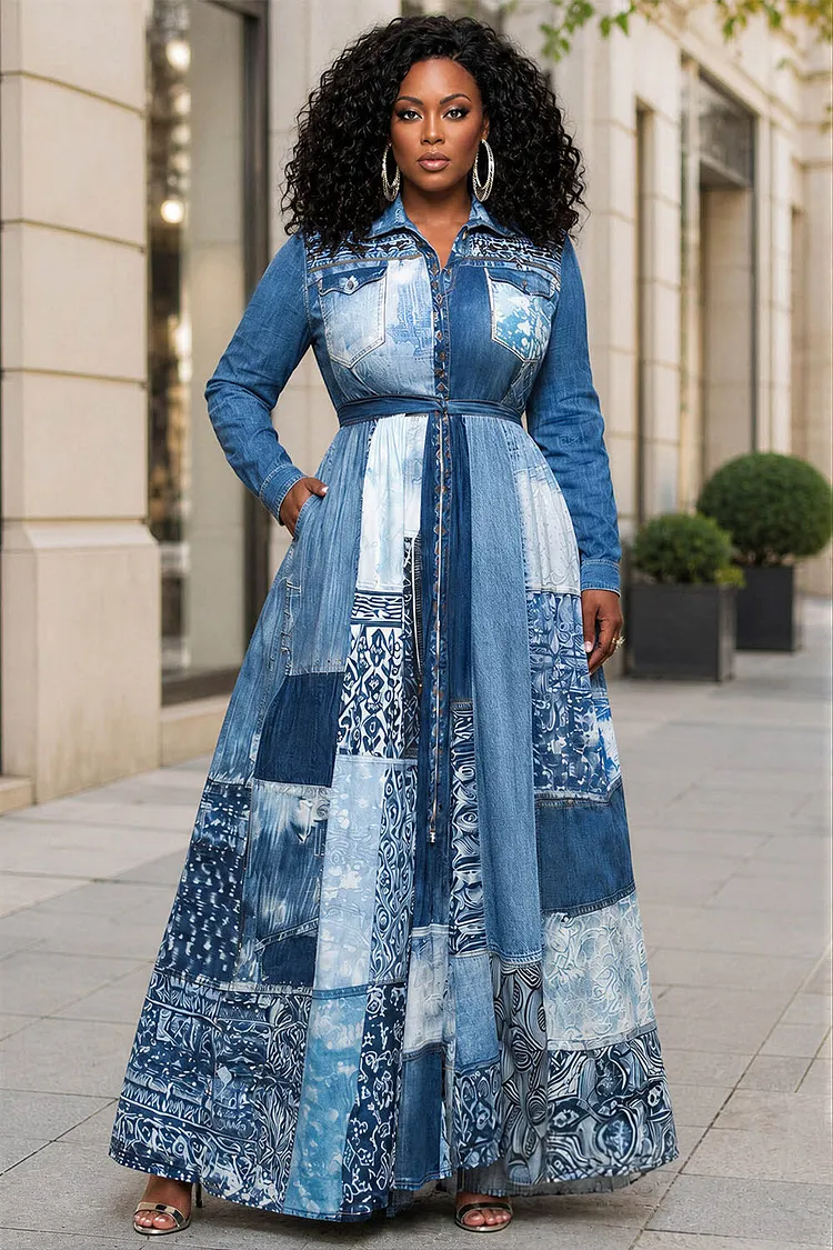 Xpluswear Design Plus Size Daily Blue Denim Print Shirt Collar Long Sleeve Pocket Maxi Dresses [Pre-Order] 2024 - Xpluswear