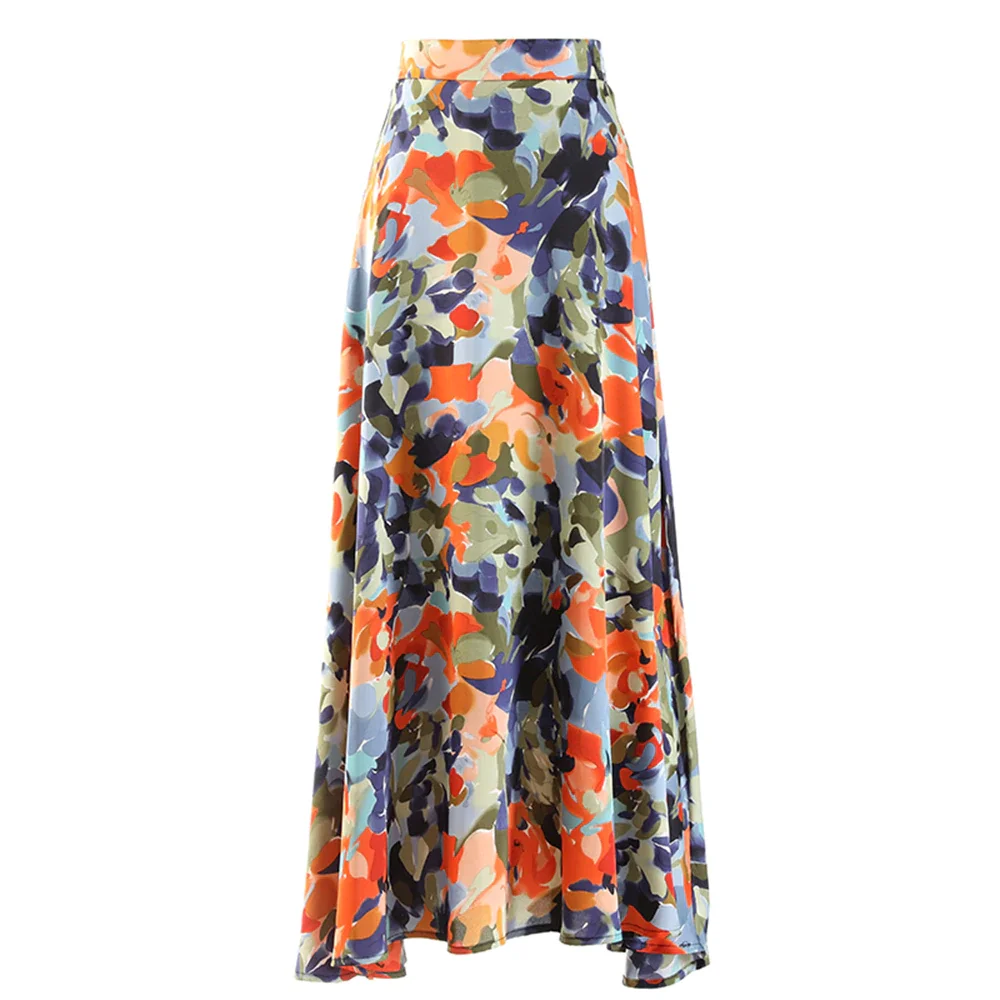 Cartoonh Print Floral Elegant Skirt For Women High Waist A Line Colorblock Vintage Midi Skirts Female Fashion Summer Clothes