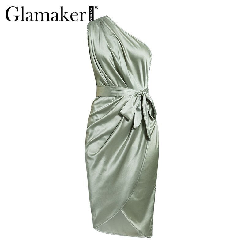 Glamaker Satin one shoulder green dress women Sexy sleeveless pleated asymmetrical long dress Female elegant bandage party dress