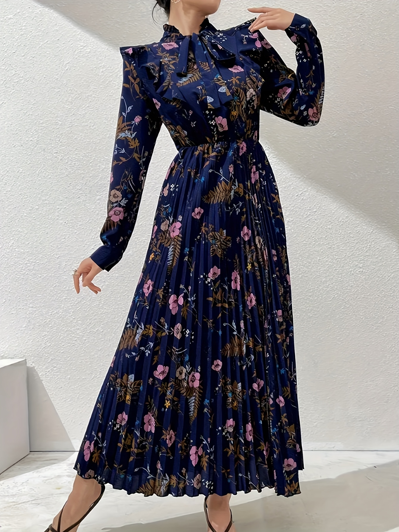 Pink Elegant Floral Print Cheongsam Dress Long Sleeve Ruffle Detail Pleated A-Linear Swing | IFYHOME