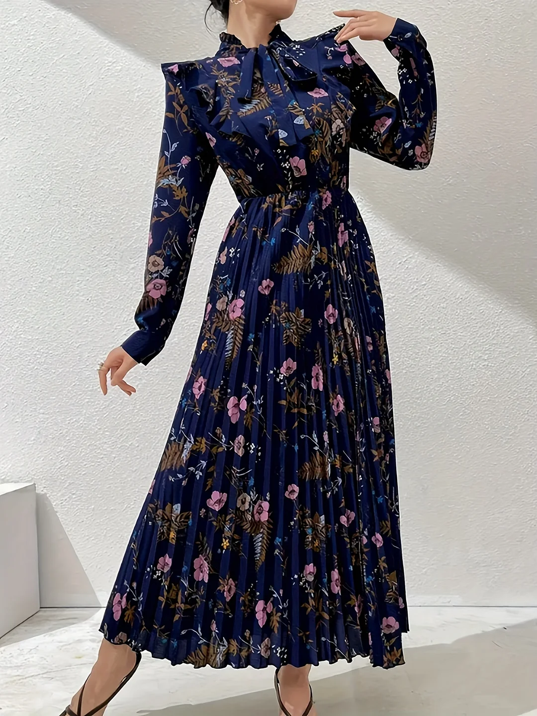 Pink Elegant Floral Print Cheongsam Dress | Long Sleeve, Ruffle Detail, Pleated A-Line Swing Skirt, Stand Collar, All-Season Wear | IFYHOME