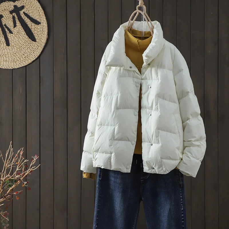 Woherb 2024 New Down Jacket Female Short Thin Loose Casual Lapel Warm White Duck Down Short Coat Tide-Outfit Ideas