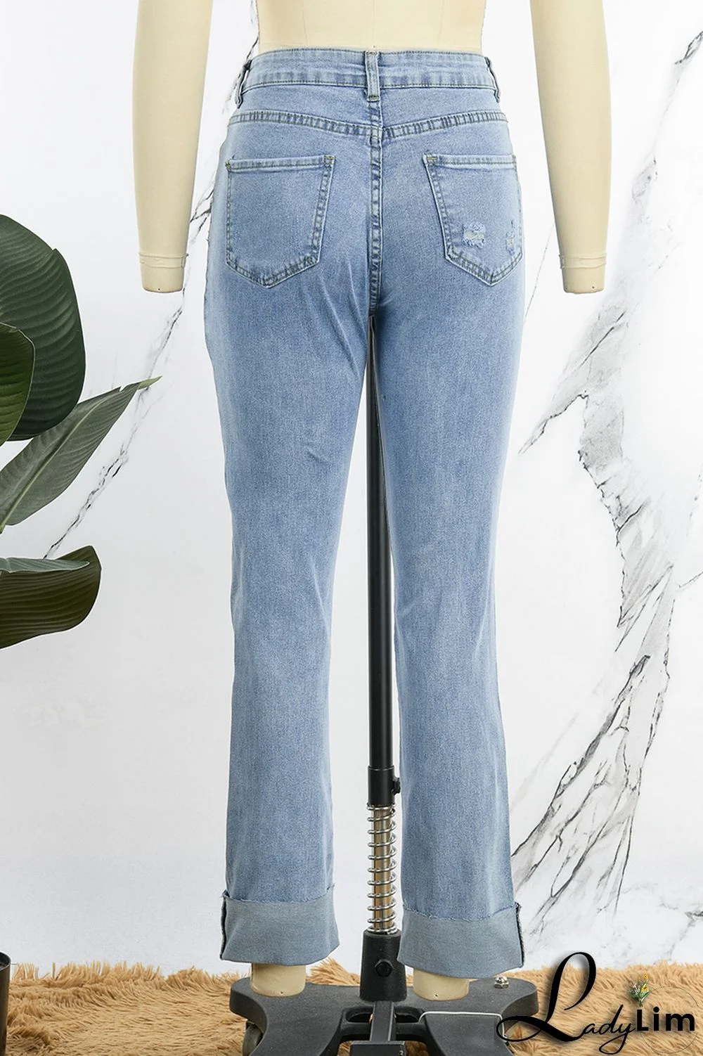 Light Blue Street Solid Ripped Patchwork High Waist Denim Jeans