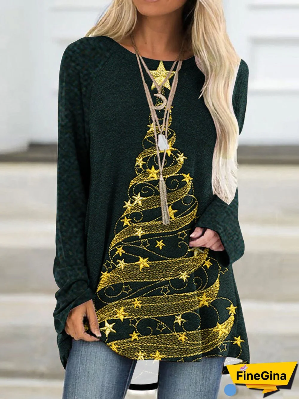 Women's Christmas Graphic Solid Color Scoop Neck Long Sleeve Top
