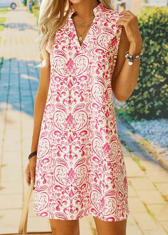 Stylish Pink V Neck Print Cotton Mid Dress Sleeveless