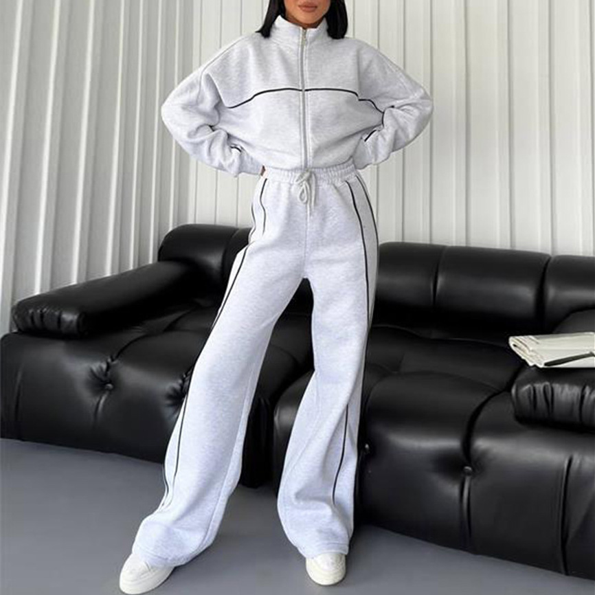 Casual Set Long Sleeve Half High Neck Cardigan Sweatshirt Lace Up Striped Pants