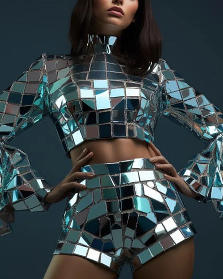 Metallic Mirror Sequin Top and Shorts Two-Piece Set