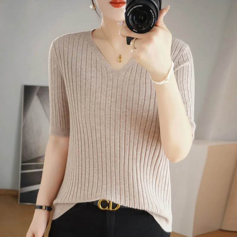 Churchf Churchf The Summer Of 2024, Women's Knit Short Sleeve Korean V-Neck Solid Color T-Shirt And A Pit Top