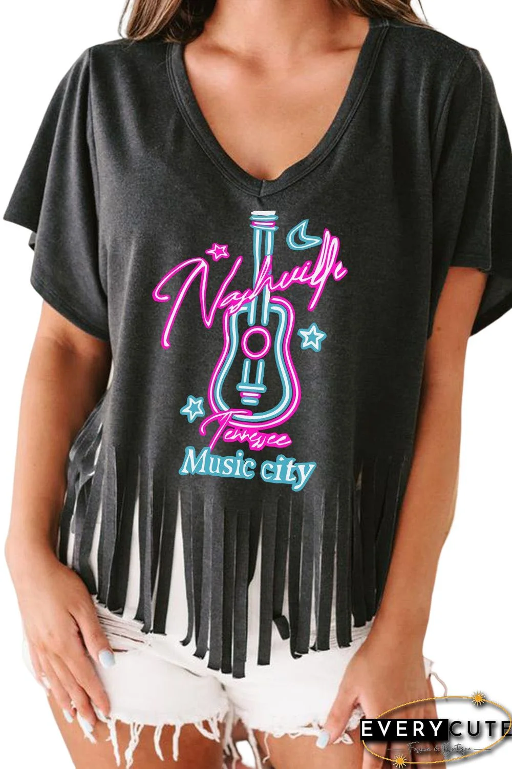 Black Nashville Guitar Slogan Print Fringed V Neck Graphic Tee