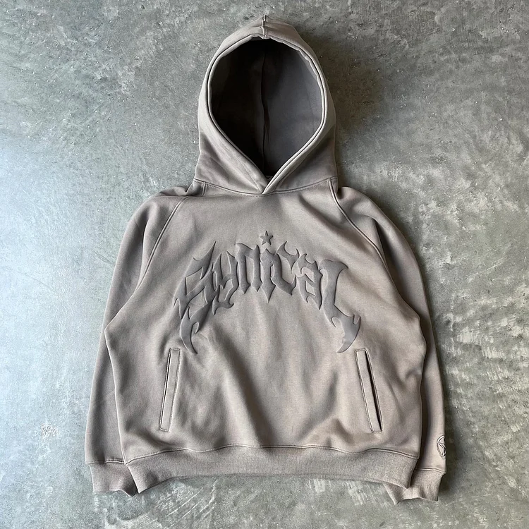 Hip Hop Gothic Letter Printed Zipless Pocket Hoodie Punk Monochrome Hoodie at Hiphopee