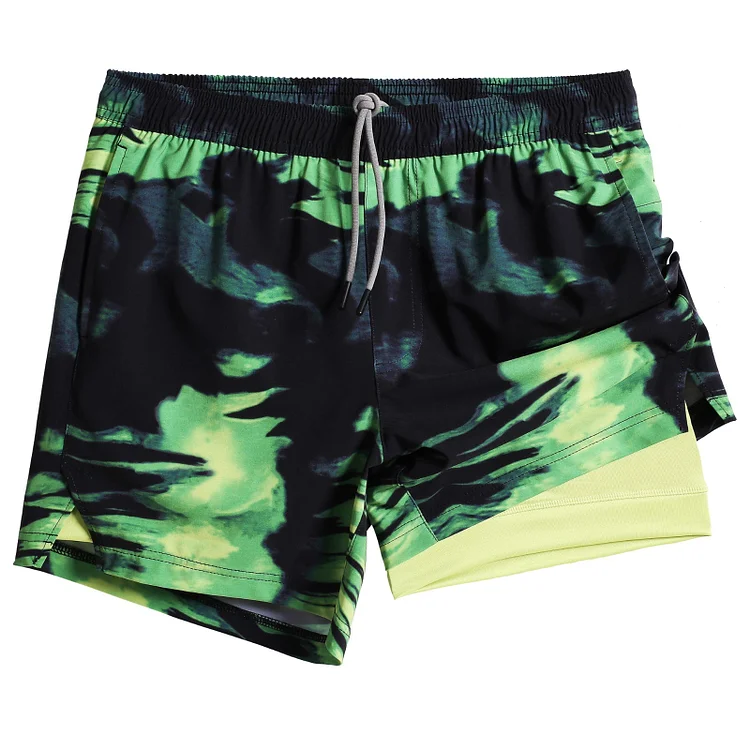 2 in 1 Stretch Short Lined Green Black Gym Shorts