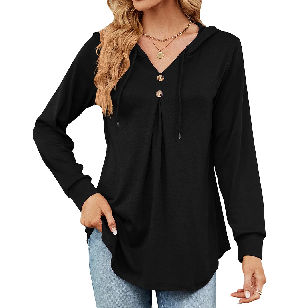 Ueong Ueong New V-Collar Solid Color Button Drawrope Long Sleeve Loose T Shirt Hoodie