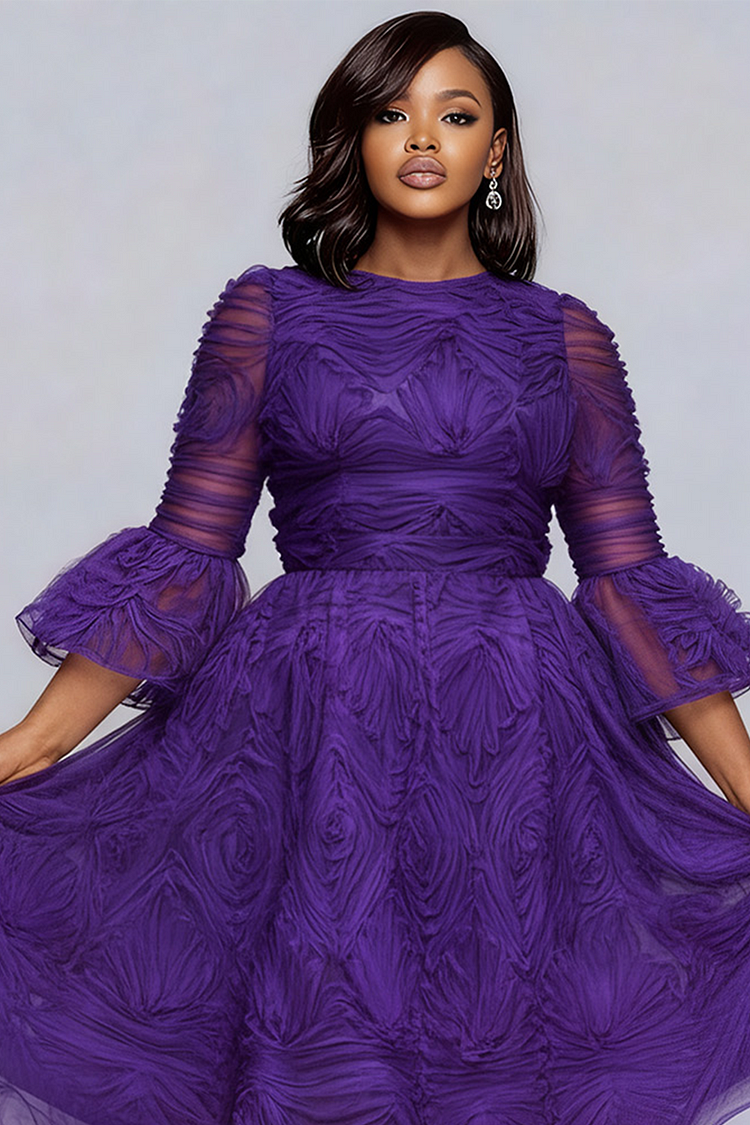 Xpluswear Design Plus Size Semi Formal Purple Round Neck Flare 3/4 Sleeve Elegant Midi Dresses [Pre-Order]