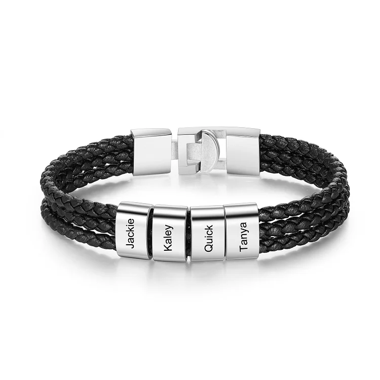 Men Leather Bracelet with 4 Beads Engraved 4 Names Three Layers Bracelet