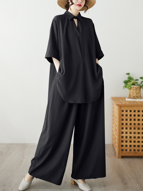 Oversized Short Sleeves Shirt And Wide Leg Pants Two-Piece Set