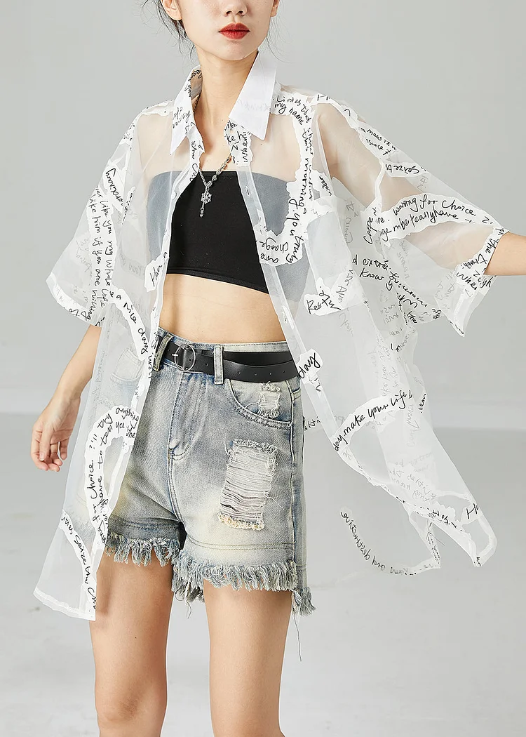 5.6French White Oversized Letter Print Tulle UPF 50+ Coat Jacket Summer