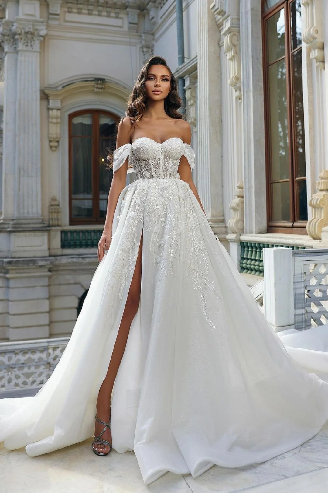 Lace White Wedding Dress Off-the-shoulder With High Slit Sleeveless YL0254