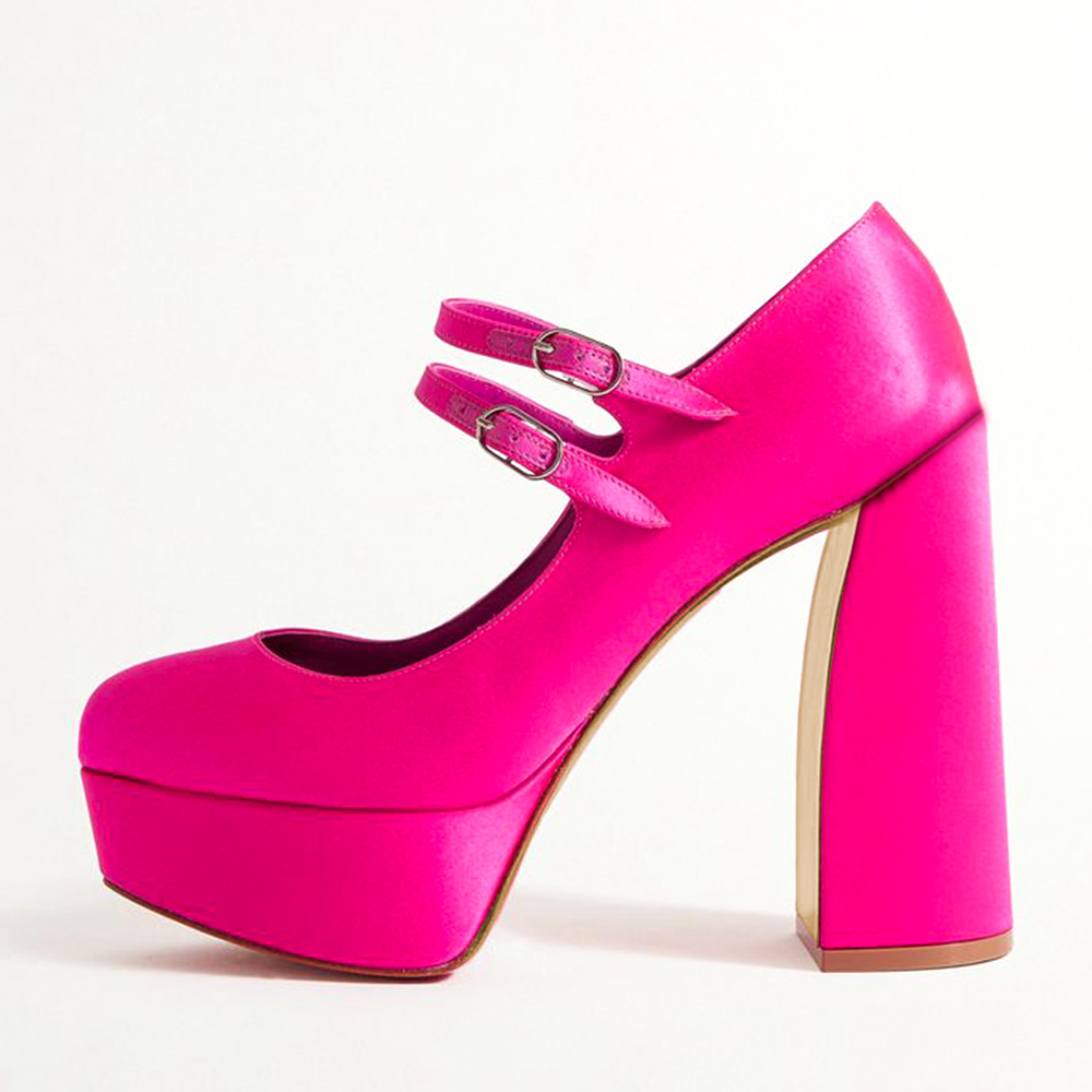 Pink Vegan Leather Closed Toe Chunky Heel Mary Jane Pumps with Platform Nicepairs
