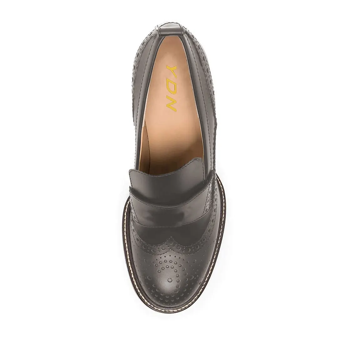 Classic Grey Brogue Perforated Round Toe Chunky Heeled Loafers