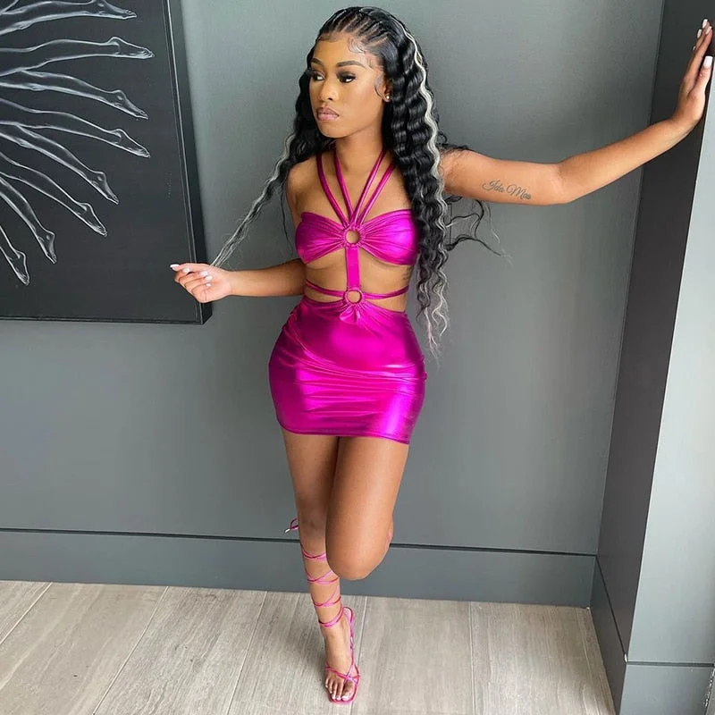Hugcitar Solid Sleeveless Bodycon Halter Hollow Out Sexy Mini Dress 2021 Summer Women Fashion Streetwear Outfits Y2K