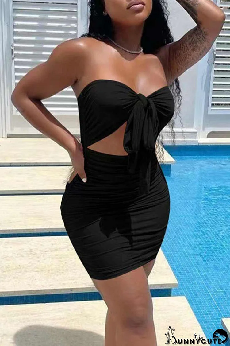 Black Sexy Solid Hollowed Out Patchwork Knotted Strapless Pencil Skirt Dresses