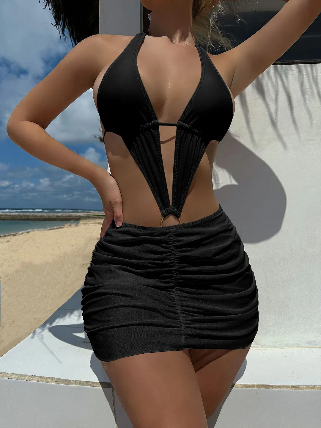 Uveng 2023 New Sexy Hollow Conjoint Solid Color Two-Set Swimsuit Bikini Bikini