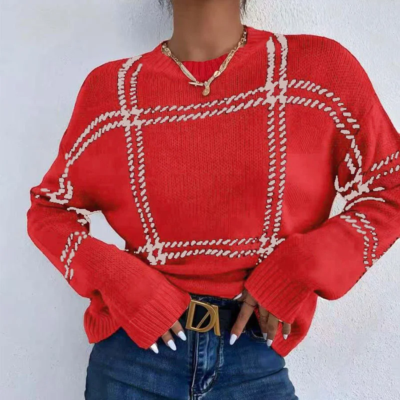 Athvotar Athvotar Autumn And Winter New Lattice Color Collar Sweater Women Casual Long-Sleeved Round Collar Collar Knitted Shirt