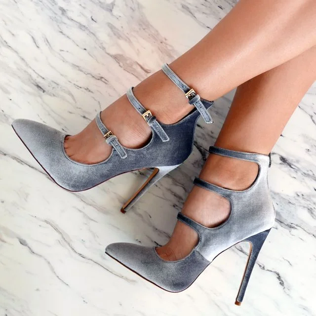 Grey Velvet Heels Pointy Toe Stiletto Heel Pumps with Buckles |FSJ Shoes