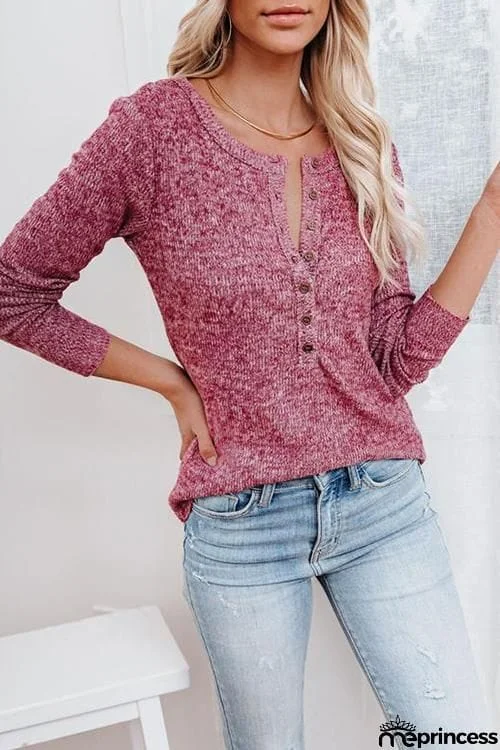 Button O Neck Knit Long Sleeve Top