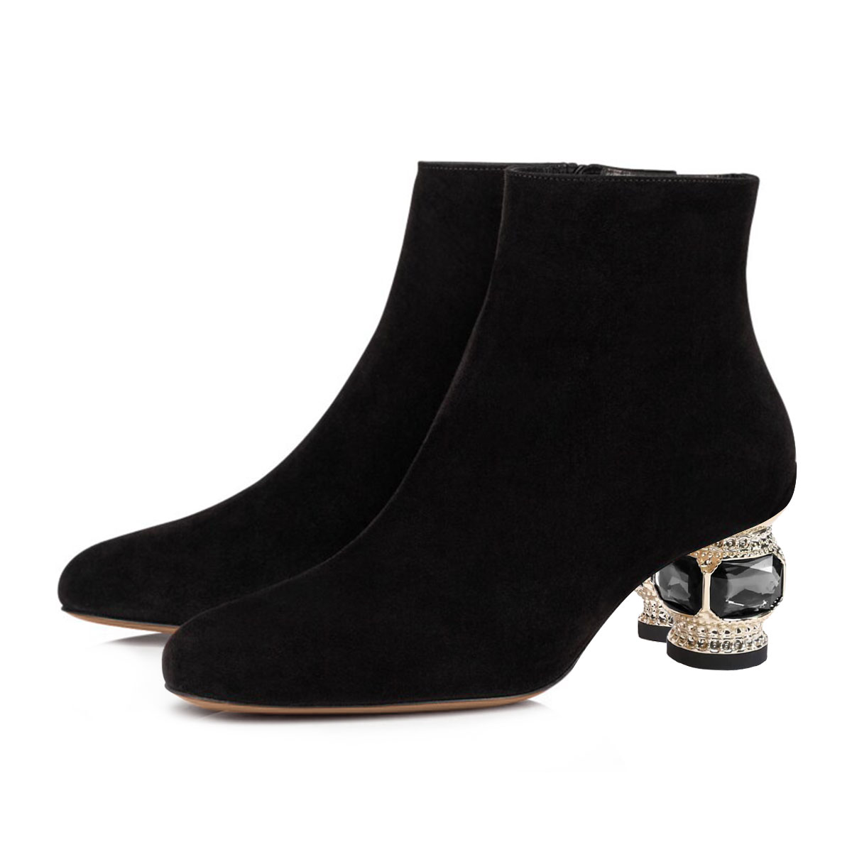 Black Faux Suede Pointed Toe Decorative Heel Side-Zip Ankle Boots Nicepairs