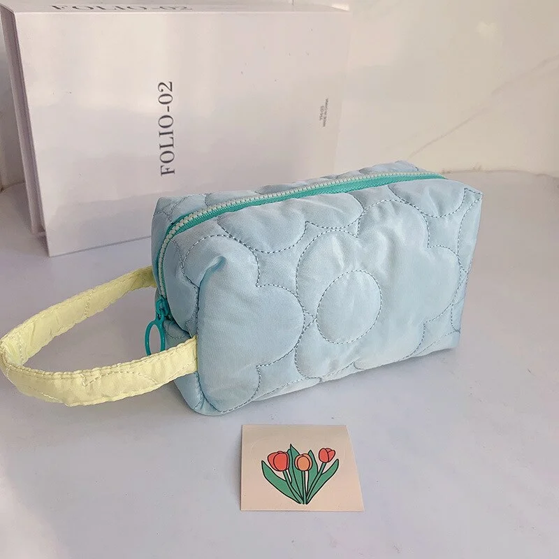 PURDORED 1 Pc Solid Color Flower Women Cosmetic Bag Zipper Makeup Organizer Bag Travel Female Student Pencil Bag with Wrist Band