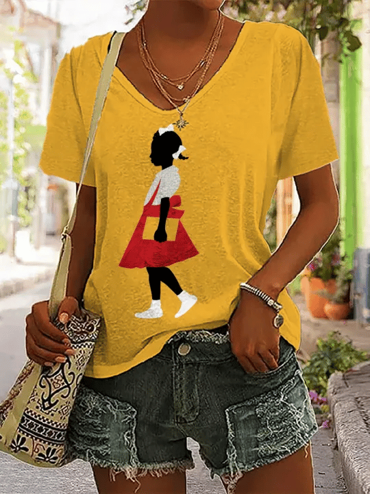 Women's Black Girl In Red Dress Art Printed Short-Sleeved T-Shirt 