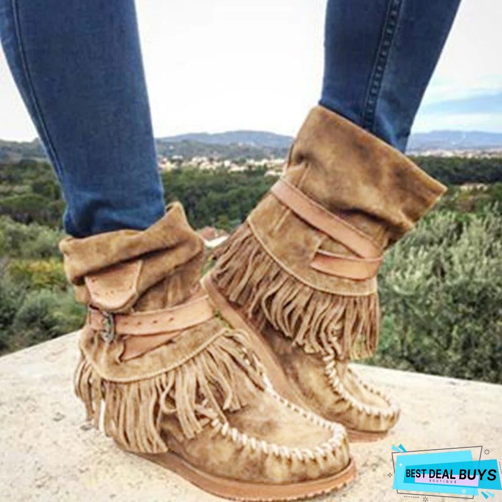 Women's Fringe Round Toe Retro Boots
