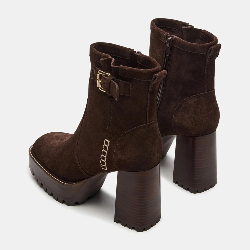 Dark Brown Square Toe Block Heel Side Zipper Buckle Platform Booties