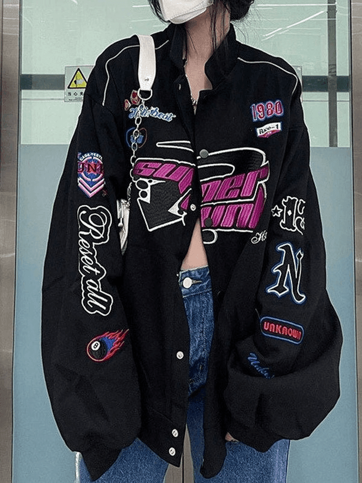 Brownm Vintage Embroidered Button-Down Motorcycle Varsity Jacket