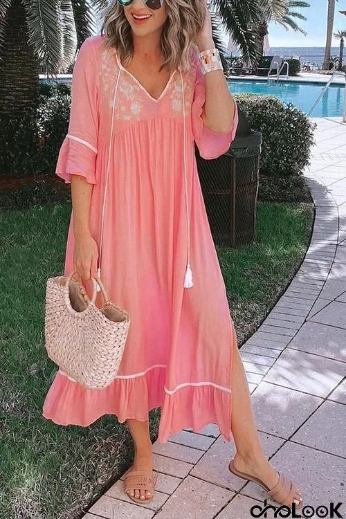 Embroidery Flares Sleeve Maxi Dress