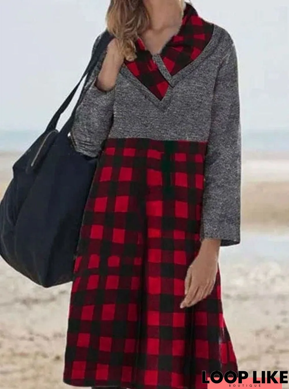 Fashion Lapel Check Printed Long Sleeve Casual Shift Dress