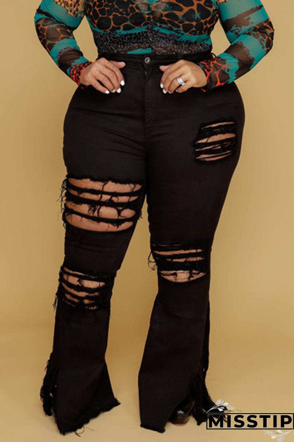 Dark Blue Sexy Solid Ripped Plus Size Jeans