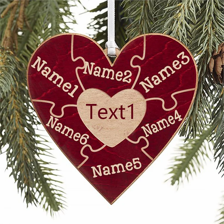 Heart Puzzle Ornament Personalized 6 Names Wooden Family Ornament