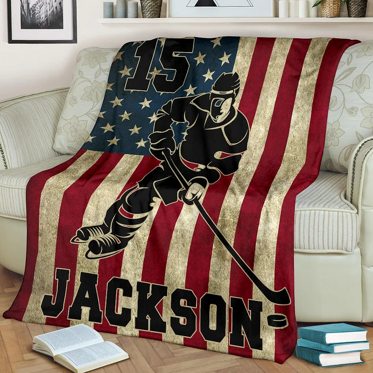 Personalized Hockey Blanket, Ice Hockey Player Sherpa Fleece Blanket | BKKid550