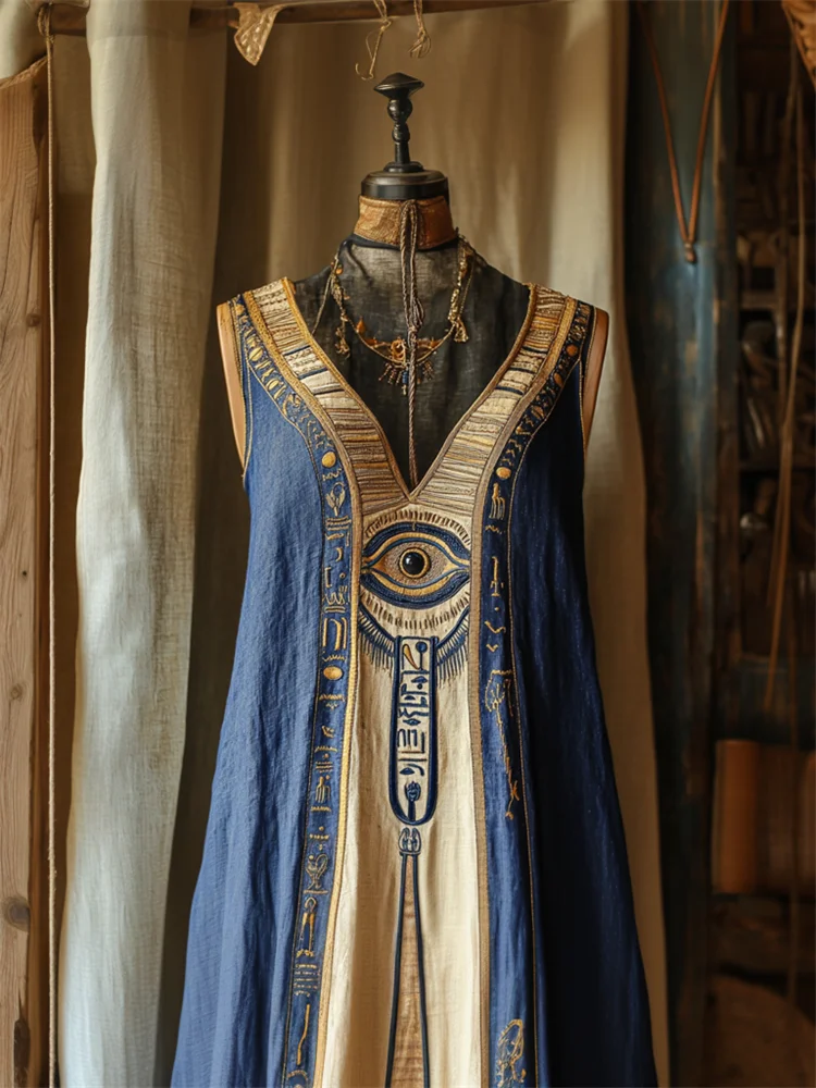 Eye Of Horus Ancient Egyptian Embroidered Flowy Linen Dress
