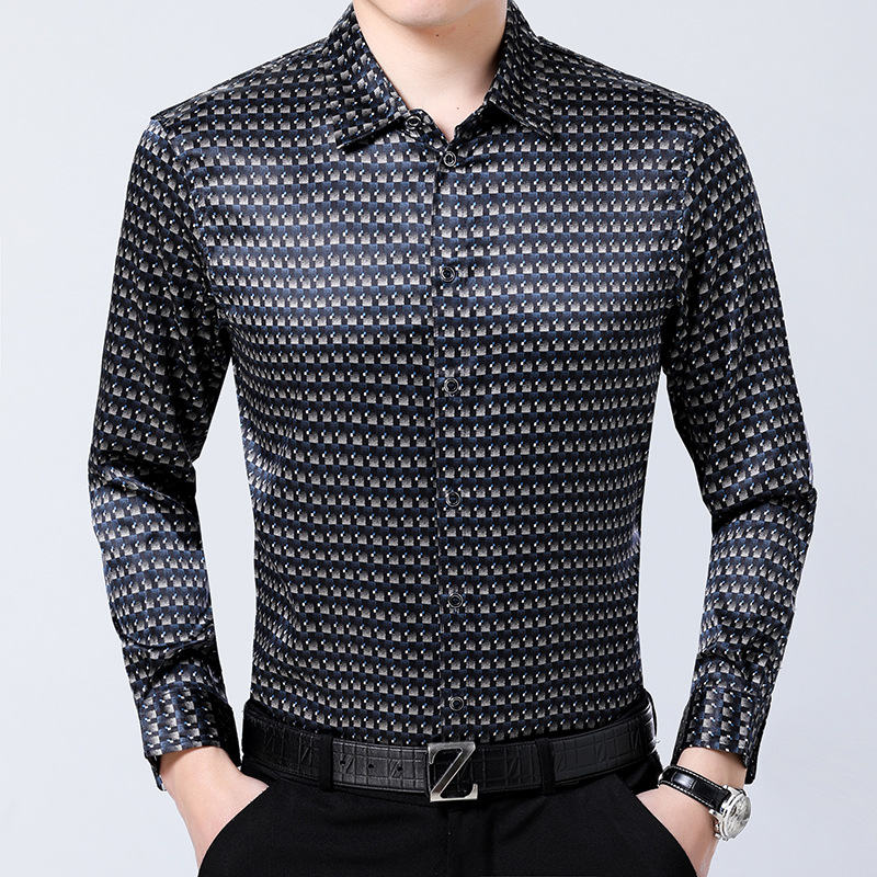 19 MOMME Chemise en soie ajustée manches longues avec motif en treillis- SOIE PLUS